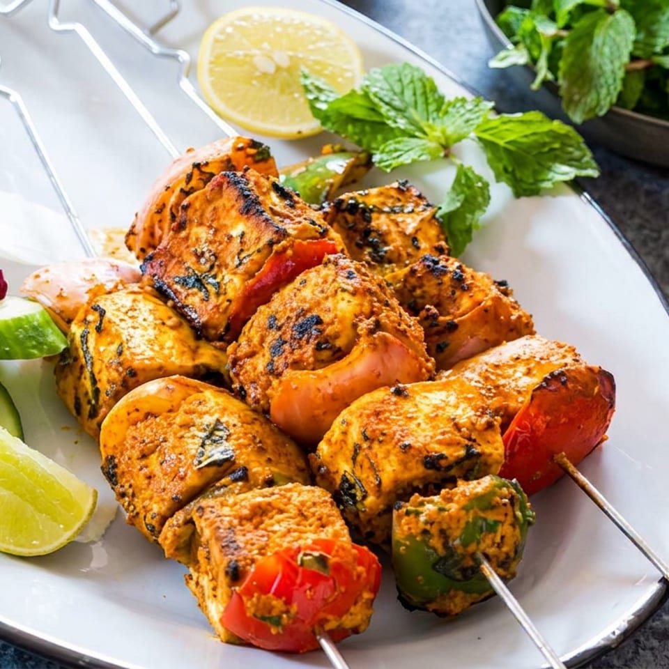 Grilled spiced chicken and vegetable skewers garnished with mint, cucumber, lemon, and red chili on a white plate.