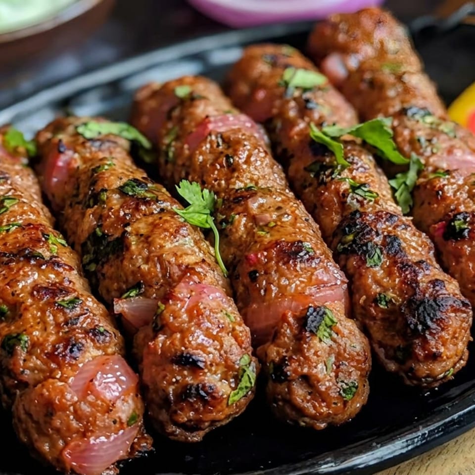 Five grilled kebabs garnished with cilantro on a black plate, served with sliced red and yellow peppers.