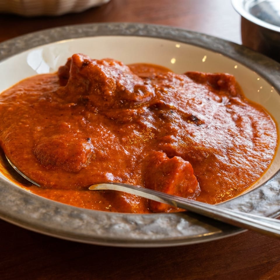 Creamy red Indian curry with chunks of meat served in a decorative bowl alongside a spoon on a wooden table.