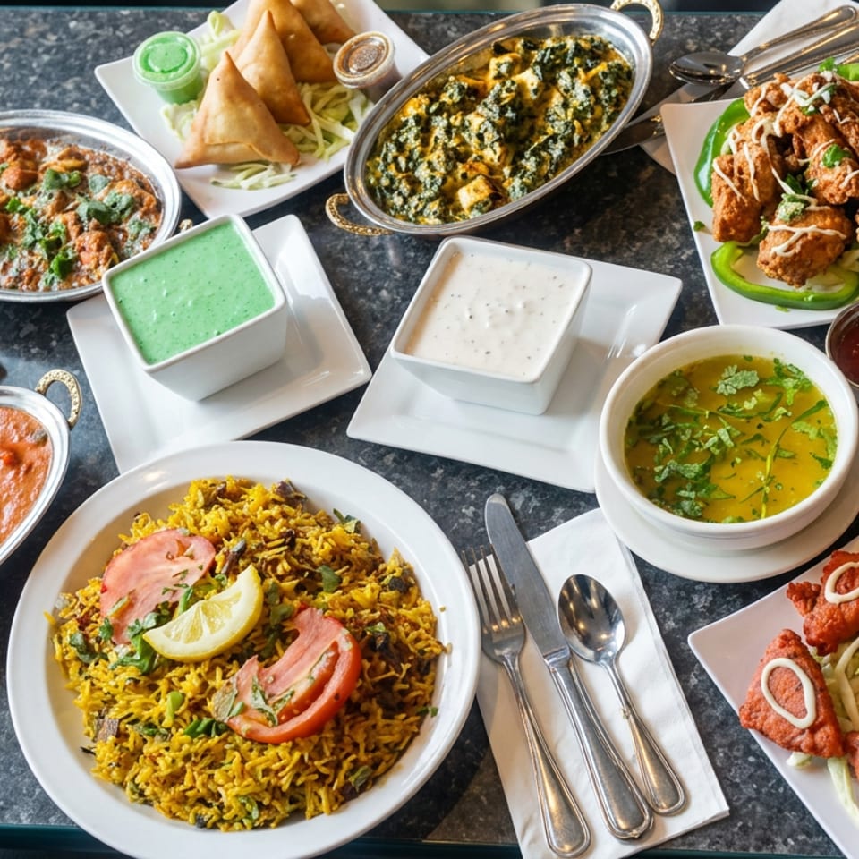 Overhead spread of Indian dishes including biryani, curries, samosas, fried appetizers, soup, rice, and colorful dipping sauces.