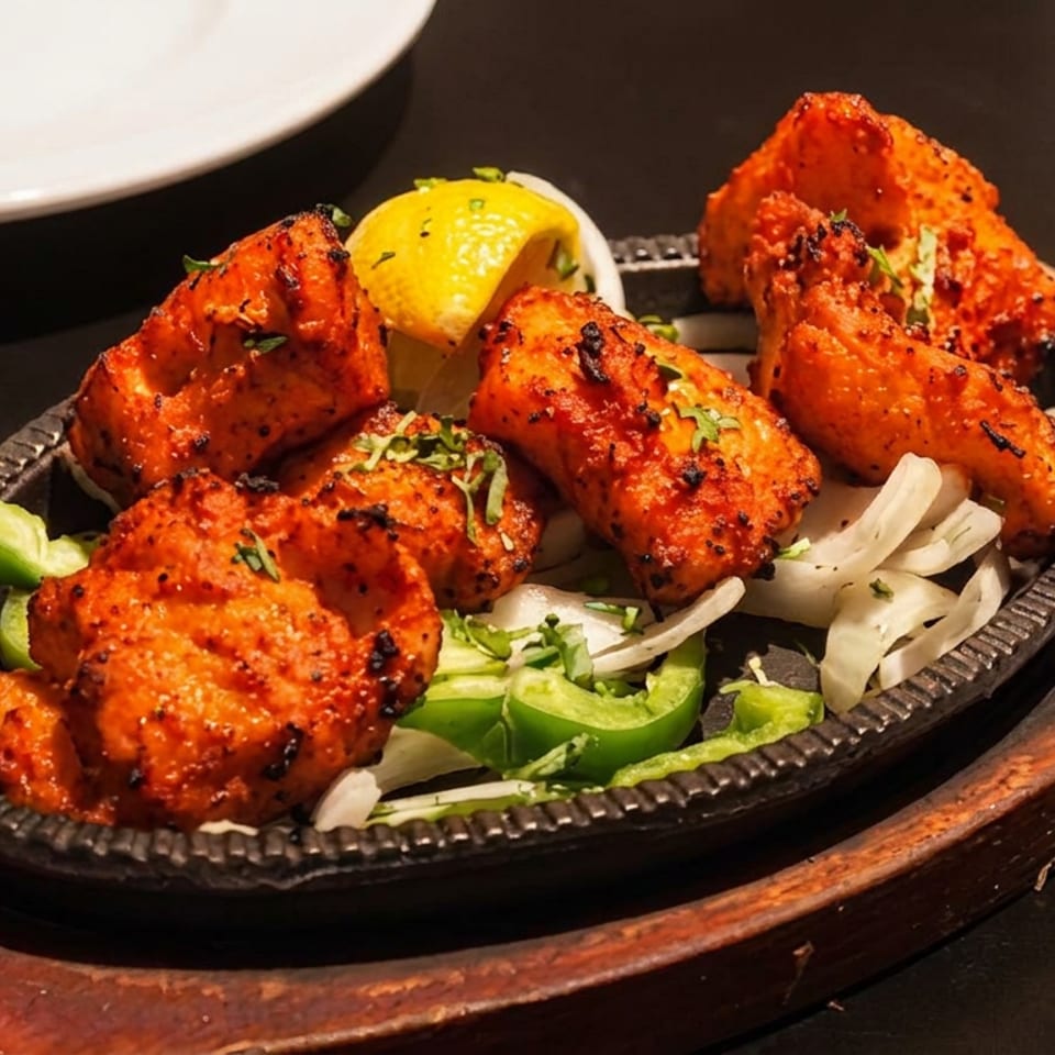 Grilled orange-red chicken pieces garnished with herbs, lemon, onions, and peppers on a sizzling platter.