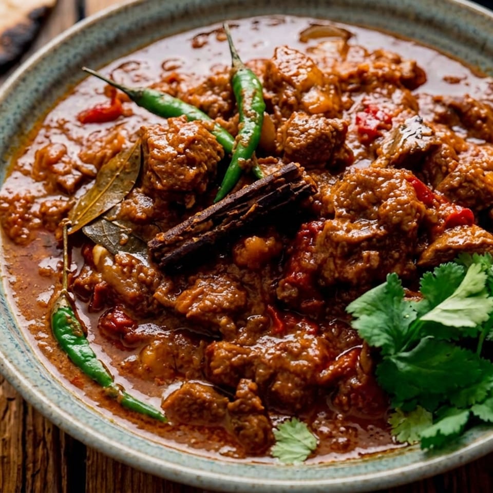 Bowl of richly spiced meat curry garnished with green chilies, cilantro, cinnamon, and bay leaves, served with flatbread.