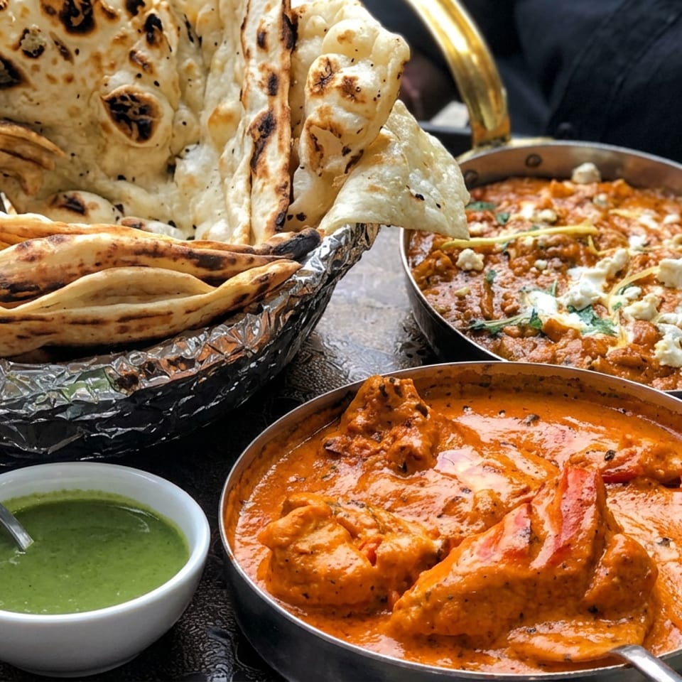 Indian meal featuring naan bread, creamy orange curries, a green chutney bowl, and garnishes on an ornate serving tray.