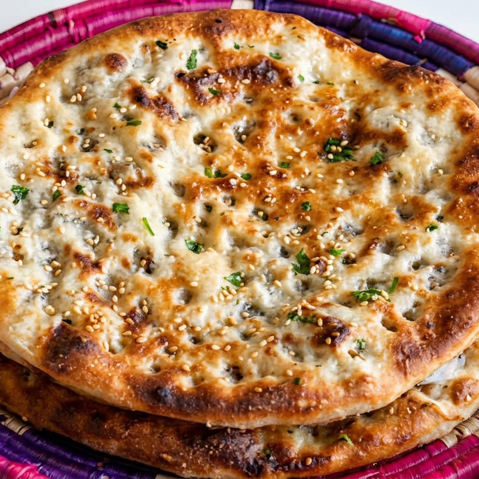 Stack of golden naan breads topped with sesame seeds and herbs in a colorful woven basket beside a gray napkin.