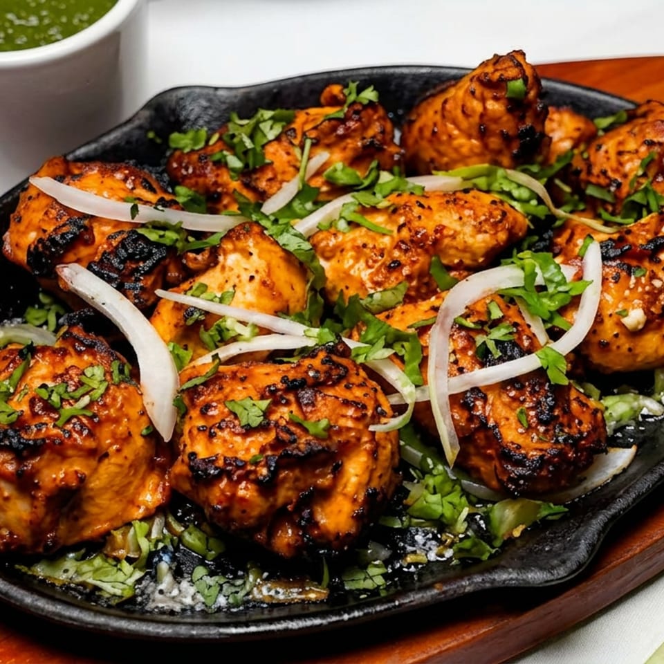 Grilled orange-marinated chicken pieces garnished with cilantro and onions on a sizzling black platter, served with red and green sauces.