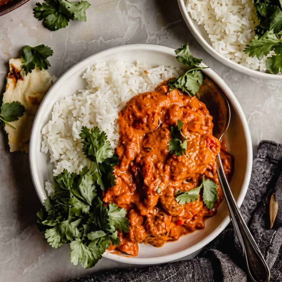 Overhead view of creamy orange curry with white rice, cilantro garnish, naan, and serving dishes on a stone table.