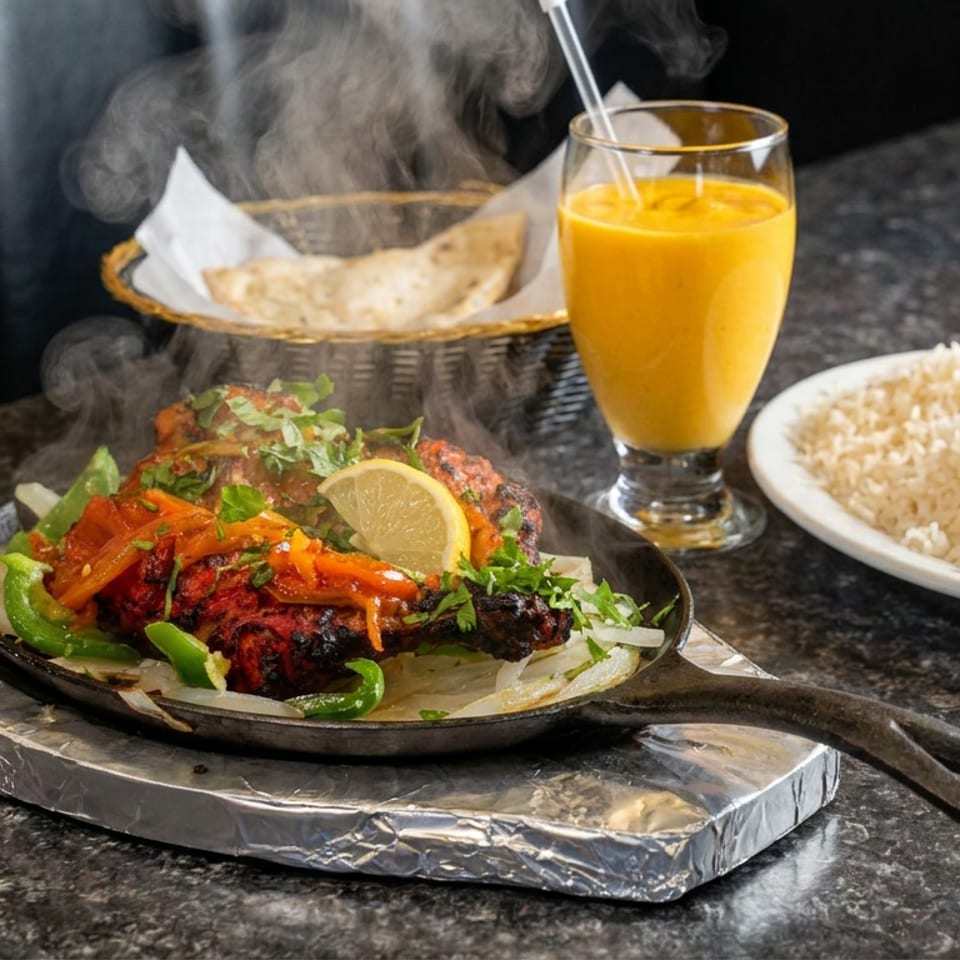 Steaming tandoori chicken with peppers and lemon on a sizzling platter, served with basmati rice, naan, and mango drink.
